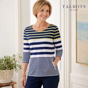 Talbots Petite Womens Horizontal Stripe Cotton Knit Top With Pockets LP